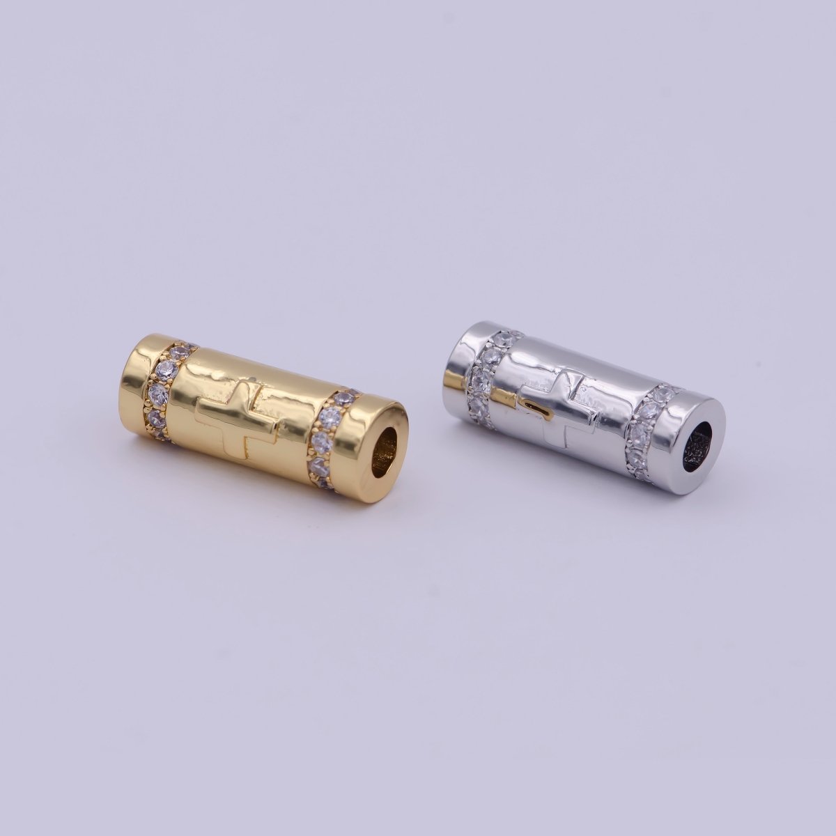 Gold Filled Evil Eye / Religious Cross Long Tube Spacer Barrel Beads in Gold & Silver |   B-709 B-710