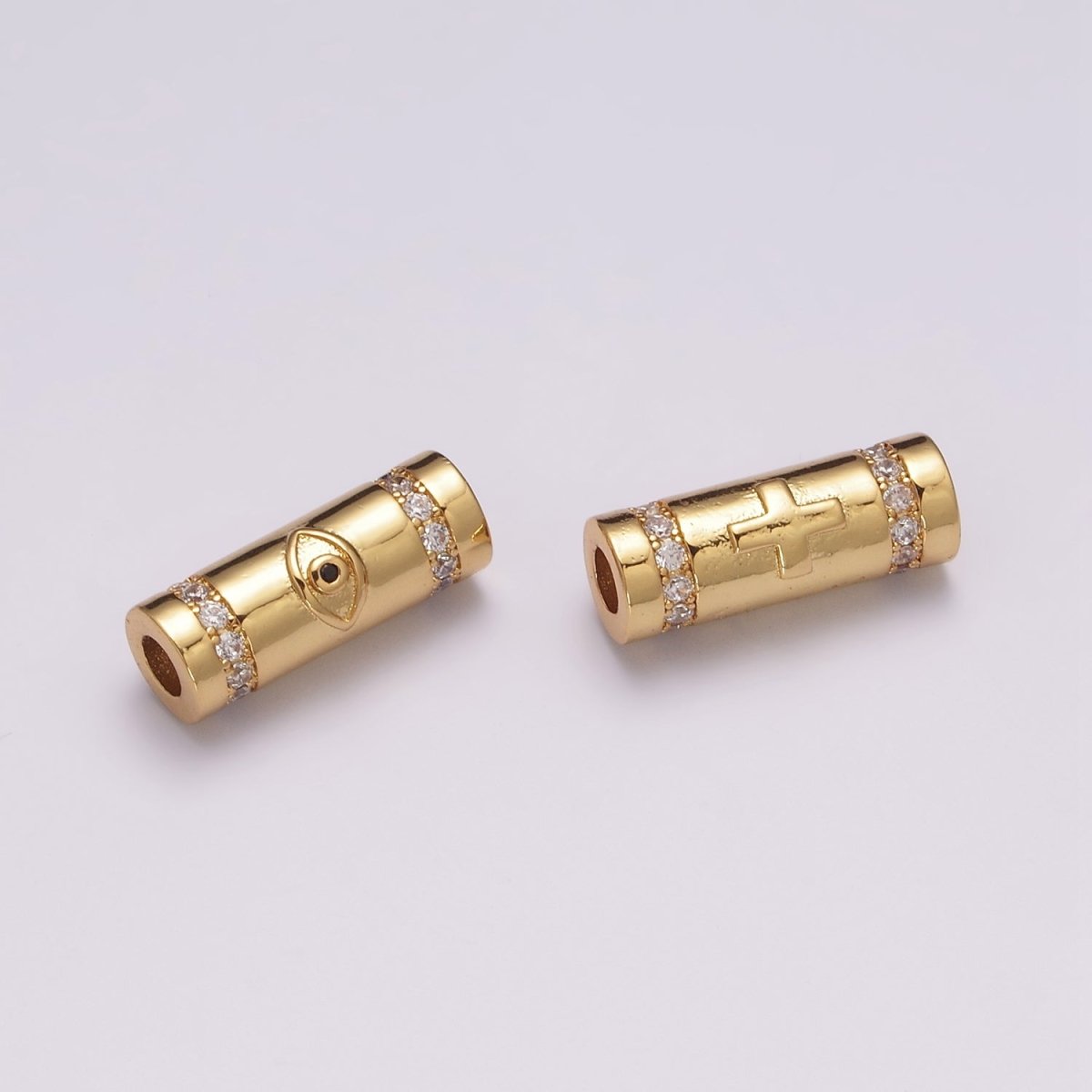 Gold Filled Evil Eye / Religious Cross Long Tube Spacer Barrel Beads in Gold & Silver |   B-709 B-710