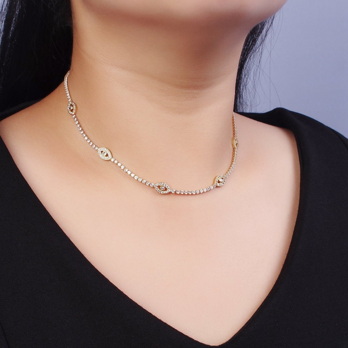 Gold Filled Evil Eye Tennis Chain 14 Inch Choker Necklace in Gold & Silver | WA-1309 WA-1310