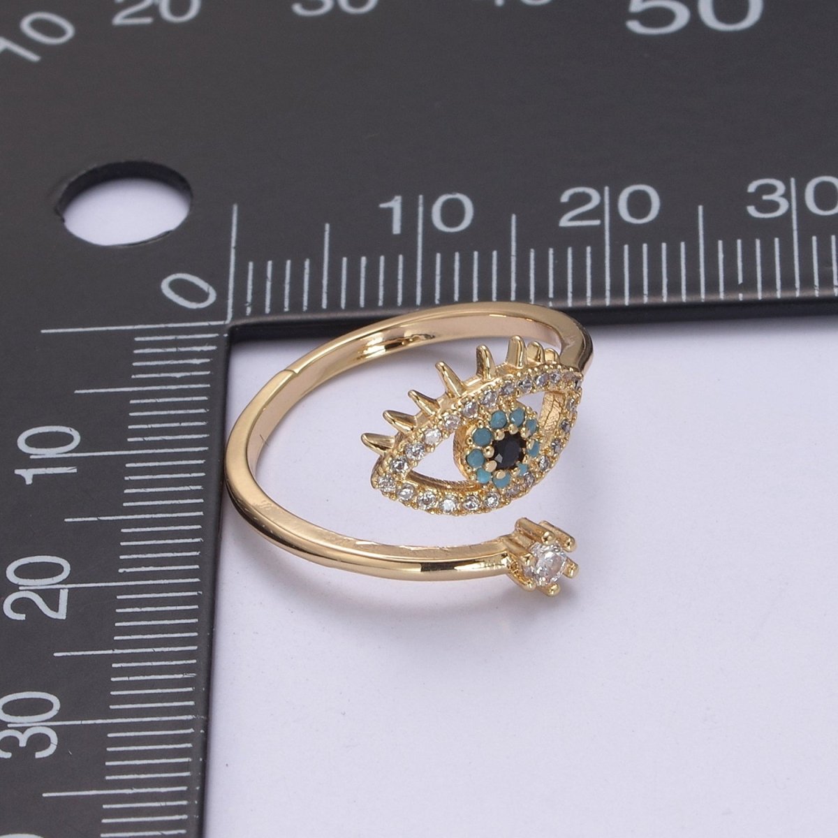 Gold Filled Eye Ring, Evil Eye Zircons Ring, CZ Eye Ring Good Luck Open Adjustable Ring U-351 - DLUXCA