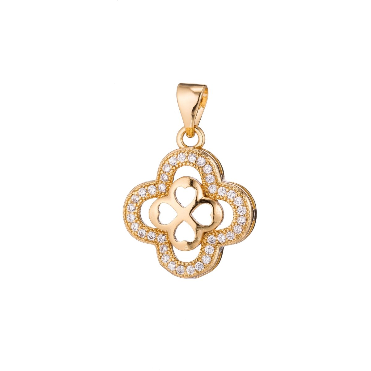Gold Filled four leaf clover Flower Hearts, lucky Lover Heaven, Love, Romantic, Cubic Zirconia Necklace Pendant Charm for jewelry making I-346 - DLUXCA