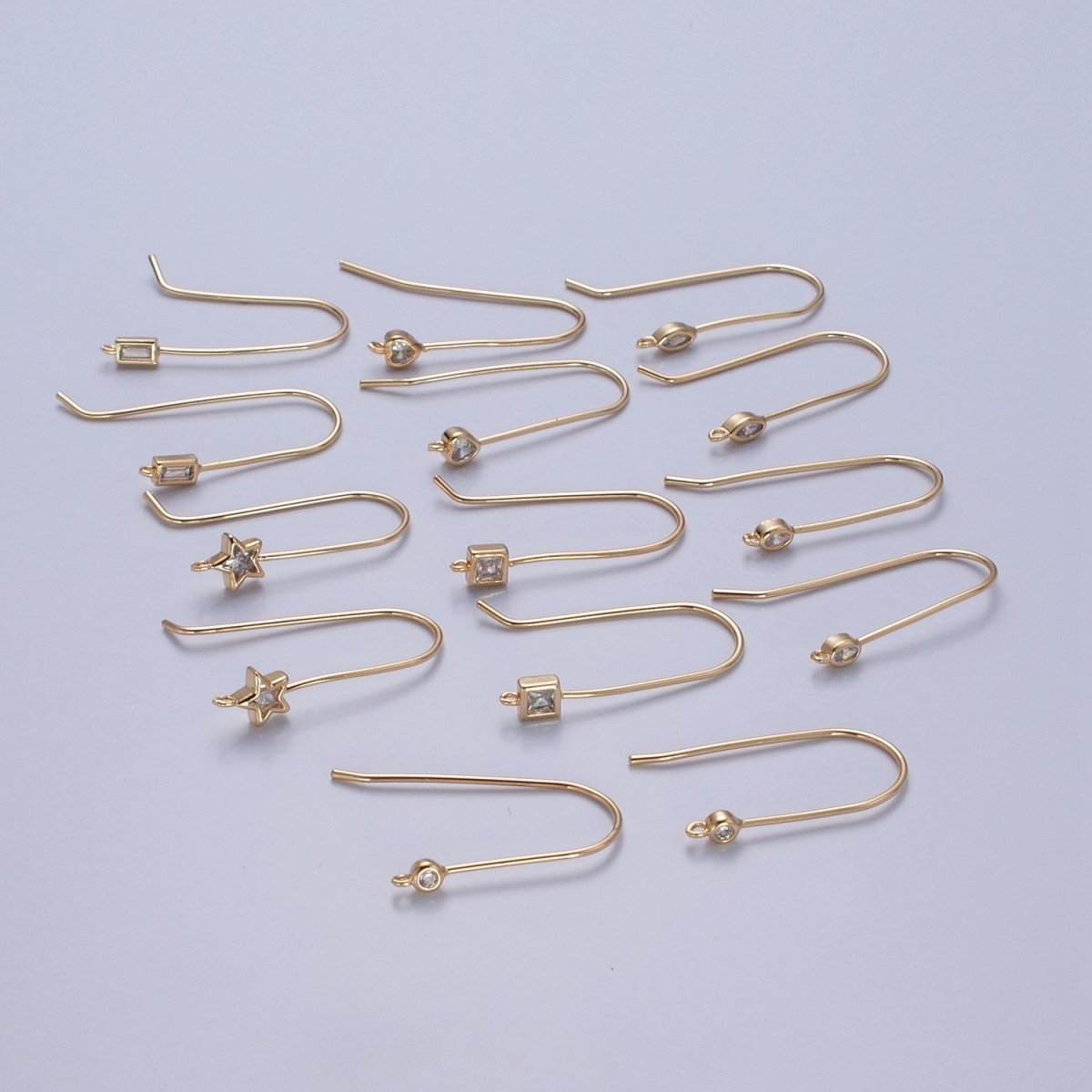 Gold Filled French Hook Earrings, Geometric Marquise Heart Baguette Oval Square Star Round CZ Cubic Zirconia Fish Hook Earrings with Open Link Loop for Earrings Making L-802~L-808