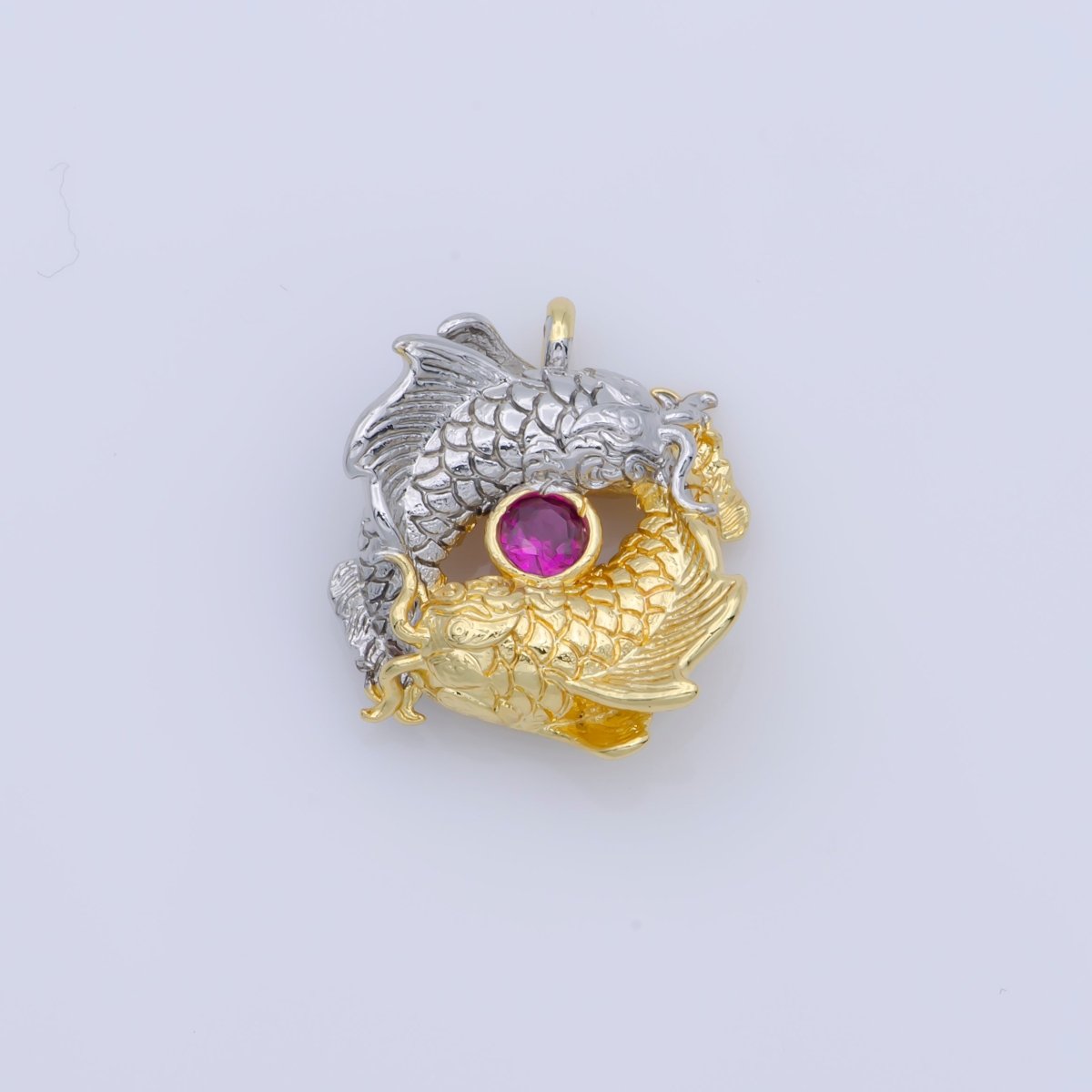 Gold Filled Fuchsia CZ Mixed Metal Scaled Fish Yin Yang Symbol Charm | M-391 - DLUXCA