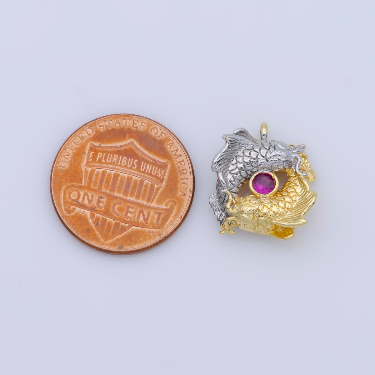 Gold Filled Fuchsia CZ Mixed Metal Scaled Fish Yin Yang Symbol Charm | M-391 - DLUXCA