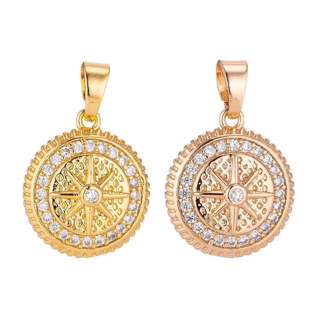 Gold Filled Gold / Pinky Gold Star, Compass, Traveler, Cubic Zirconia Necklace Pendant Charm Bails Findings for Jewelry Making H-024