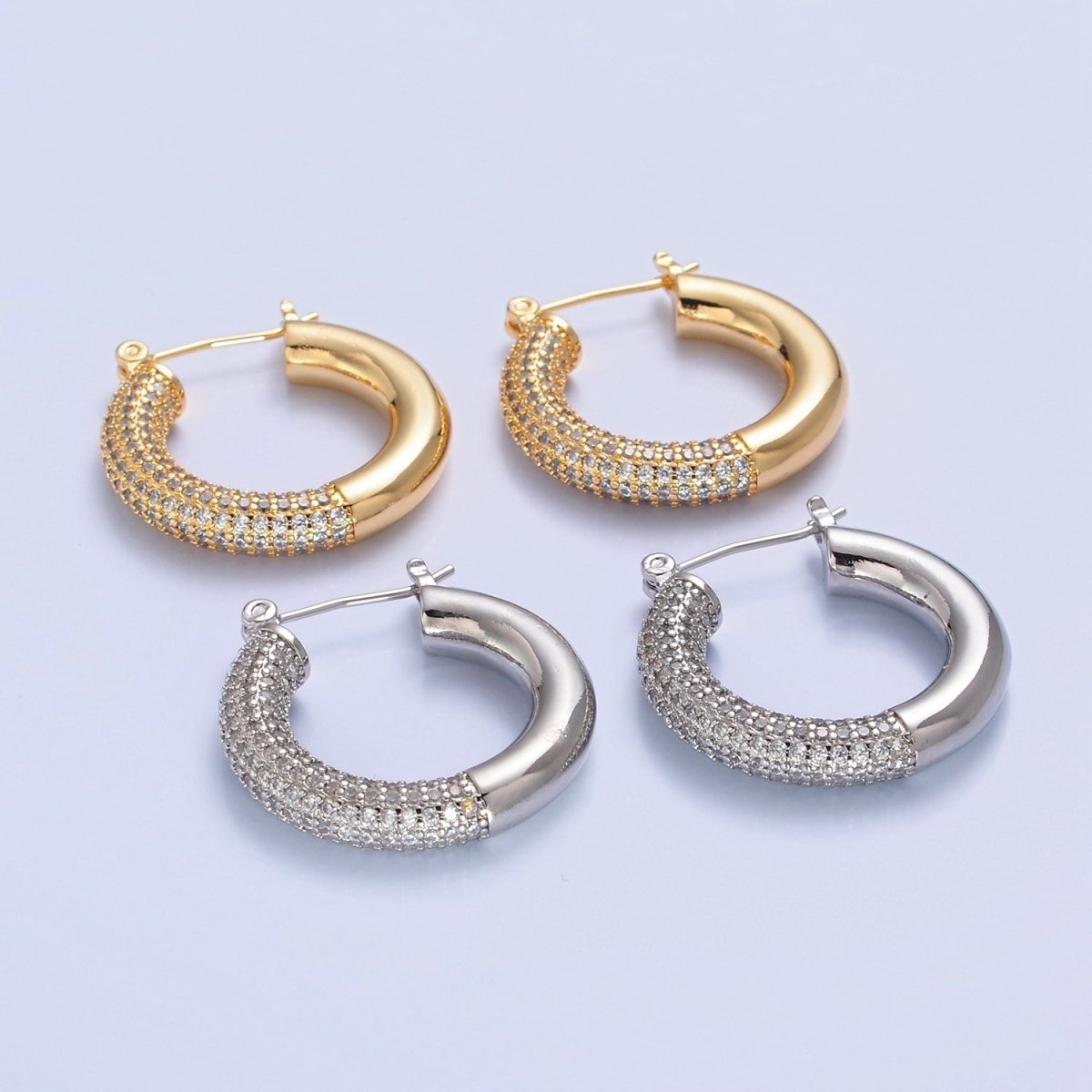 Gold Filled Half Micro Paved Cubic Zirconia 30mm Hoop Latch Earrings in Silver & Gold | T-514 T-515