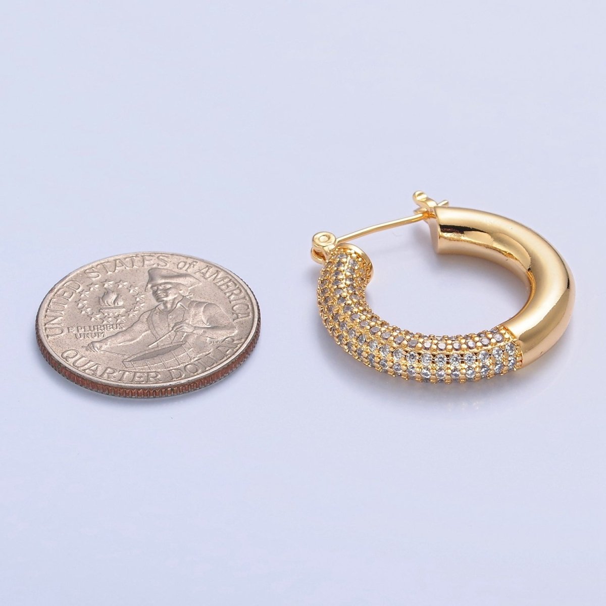 Gold Filled Half Micro Paved Cubic Zirconia 30mm Hoop Latch Earrings in Silver & Gold | T-514 T-515