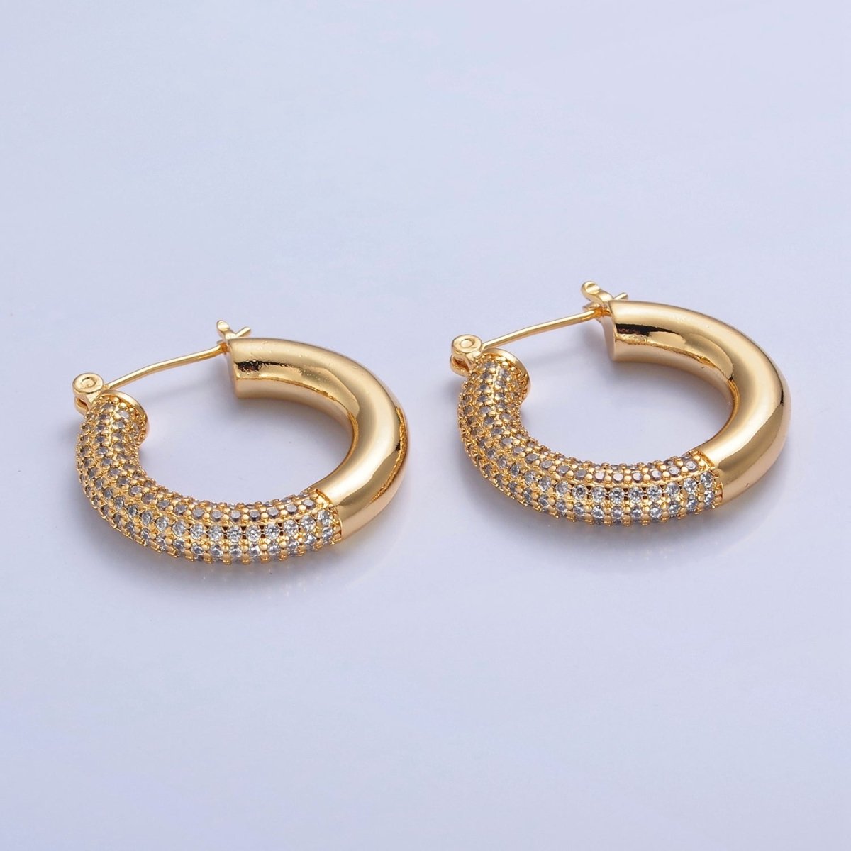 Gold Filled Half Micro Paved Cubic Zirconia 30mm Hoop Latch Earrings in Silver & Gold | T-514 T-515