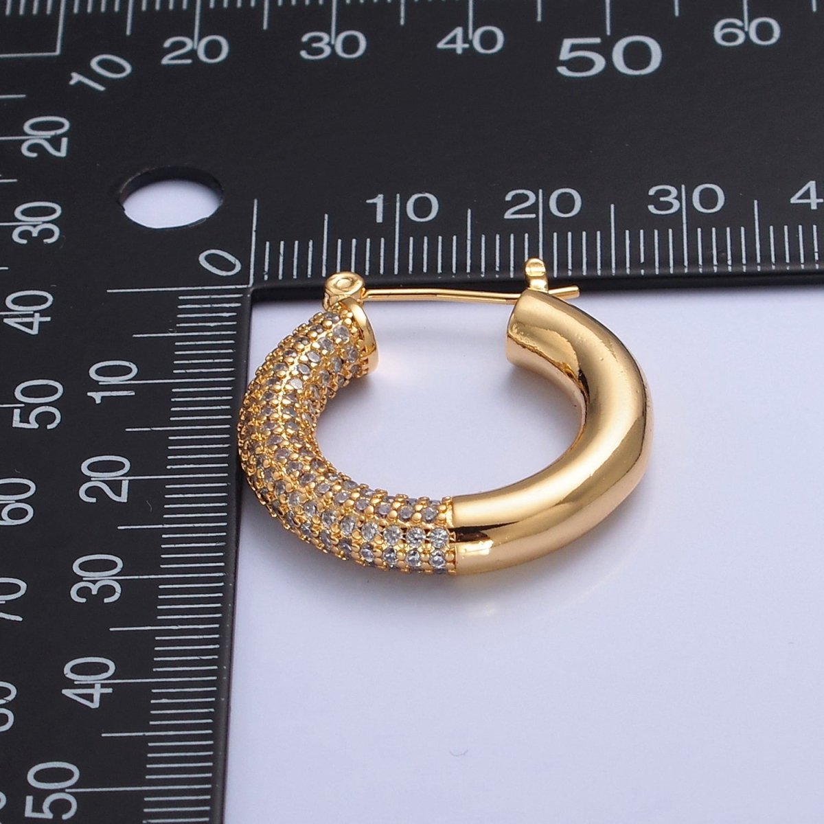 Gold Filled Half Micro Paved Cubic Zirconia 30mm Hoop Latch Earrings in Silver & Gold | T-514 T-515