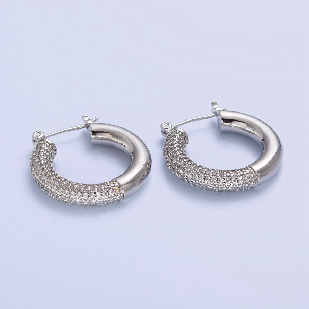 Gold Filled Half Micro Paved Cubic Zirconia 30mm Hoop Latch Earrings in Silver & Gold | T-514 T-515