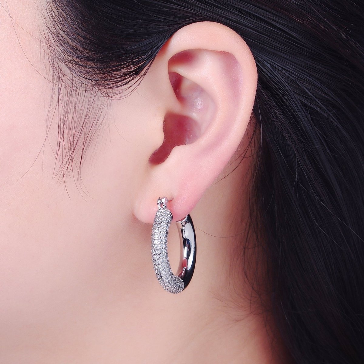 Gold Filled Half Micro Paved Cubic Zirconia 30mm Hoop Latch Earrings in Silver & Gold | T-514 T-515