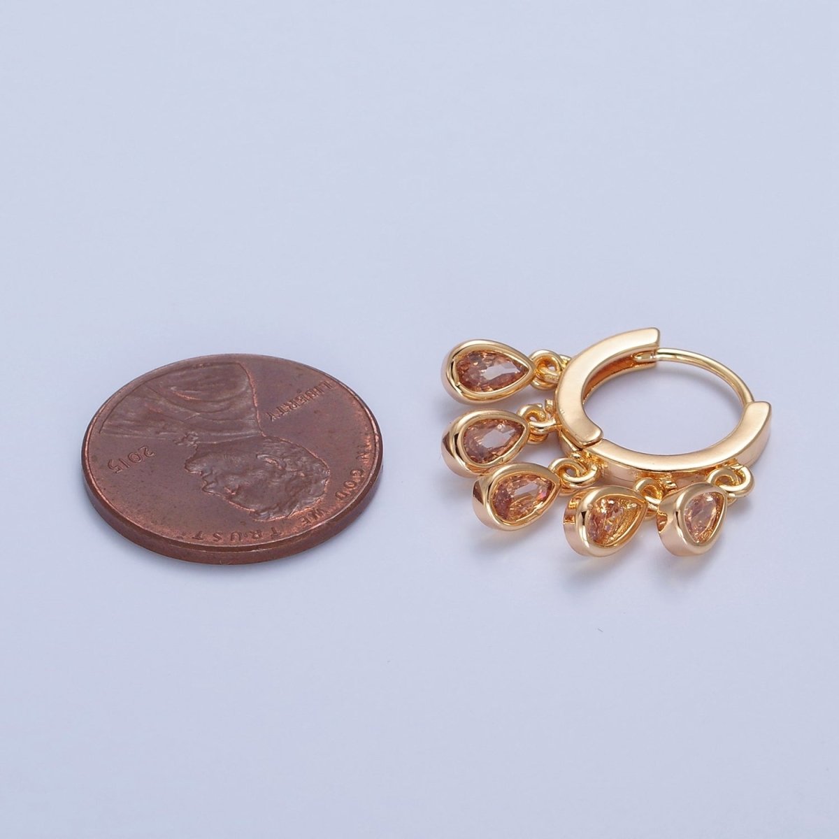 Gold Filled Huggie Earring with Tear Drop CZ Dangle Charm T-481