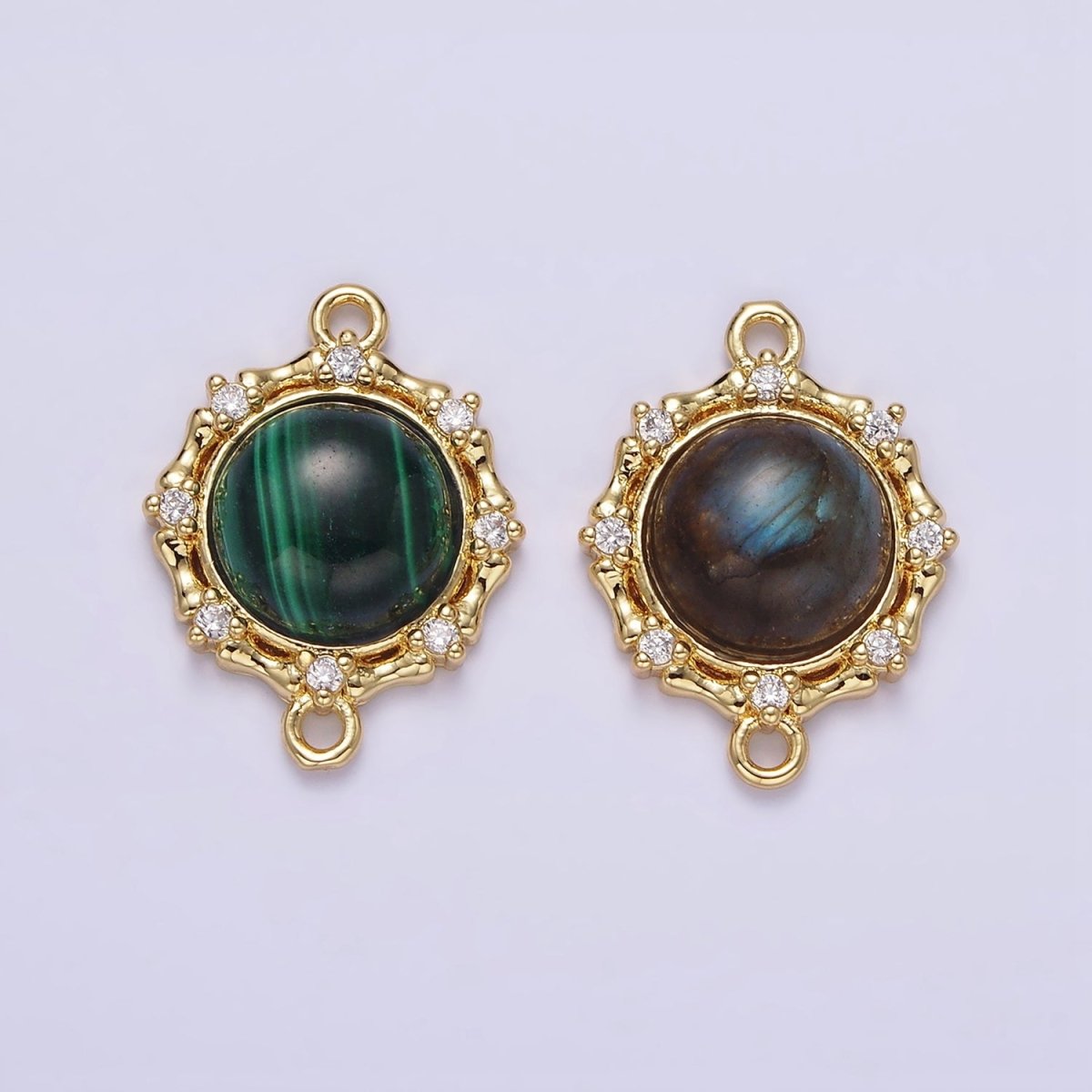 Gold Filled Malachite, Labradorite Clear CZ Dotted Outline Round Connector G-670 G-671