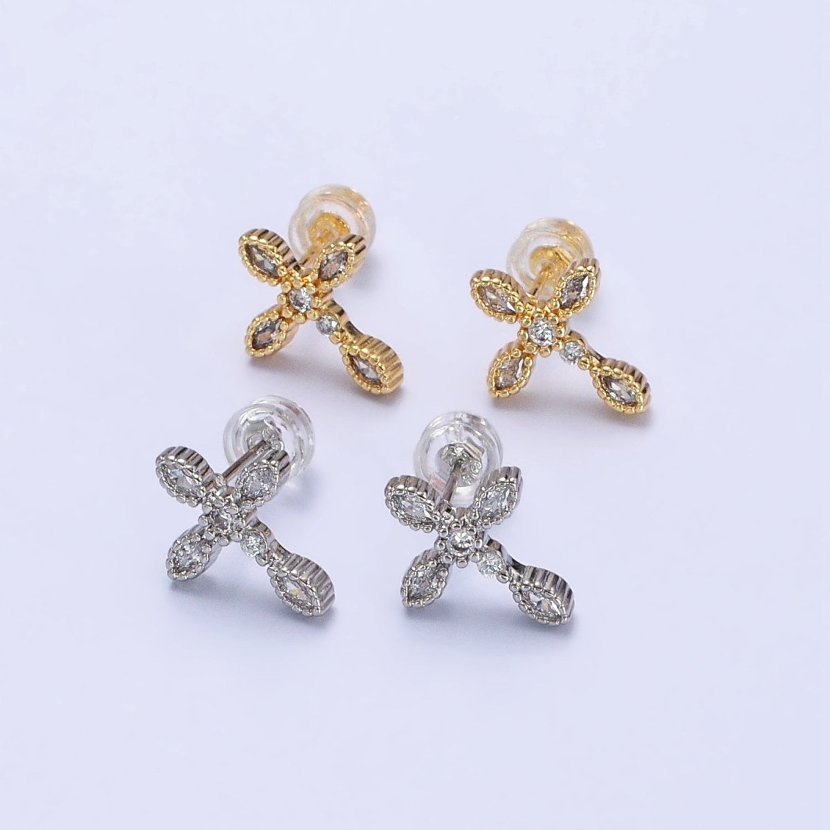Gold Filled Marquise CZ Religious Cross Stud Earrings in Silver & Gold | AB378 AB559