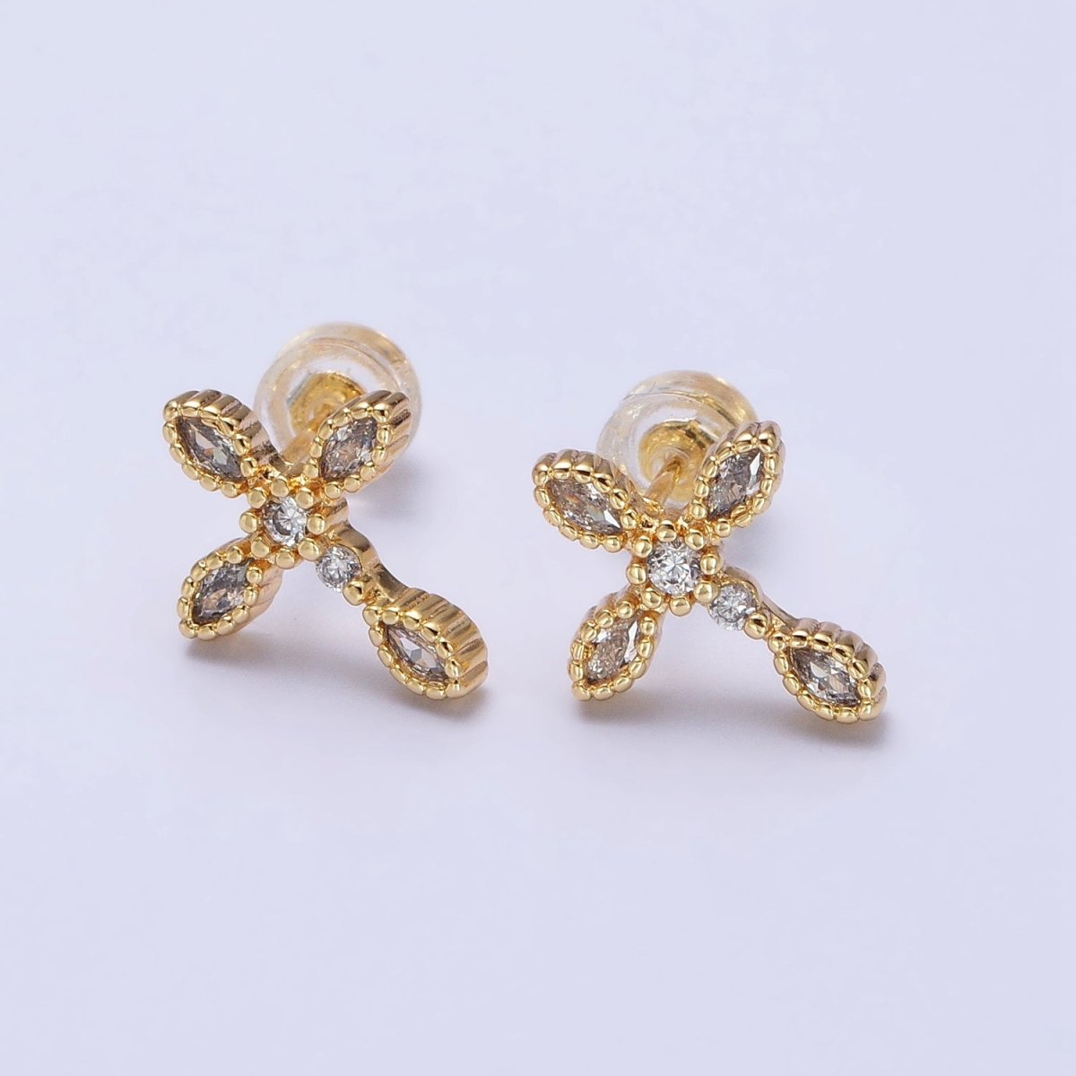 Gold Filled Marquise CZ Religious Cross Stud Earrings in Silver & Gold | AB378 AB559