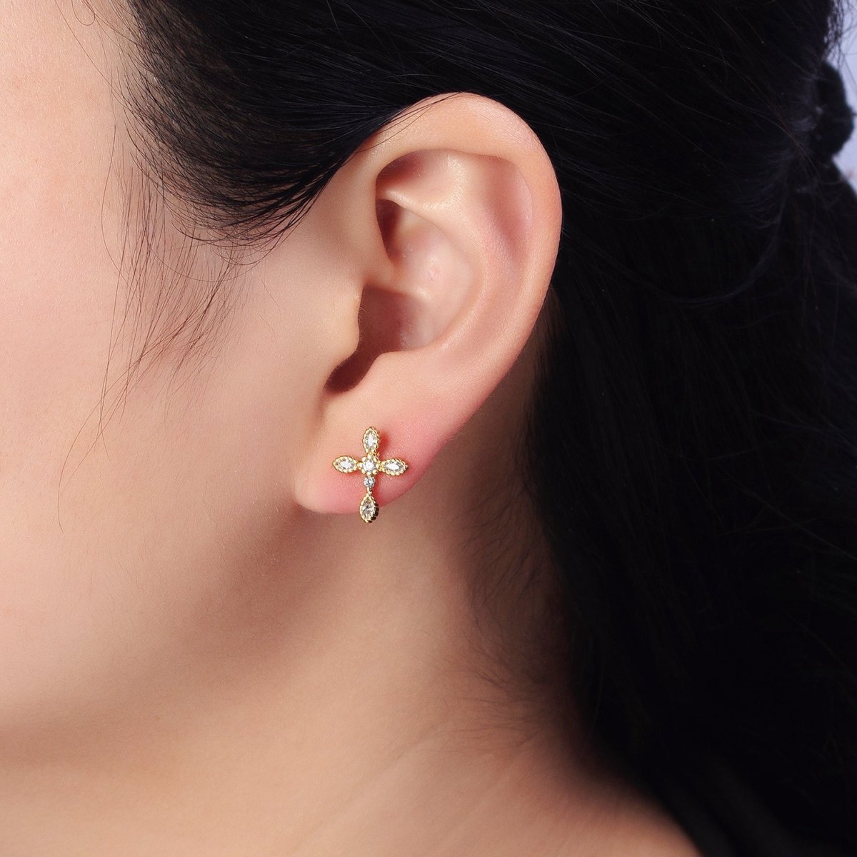 Gold Filled Marquise CZ Religious Cross Stud Earrings in Silver & Gold | AB378 AB559