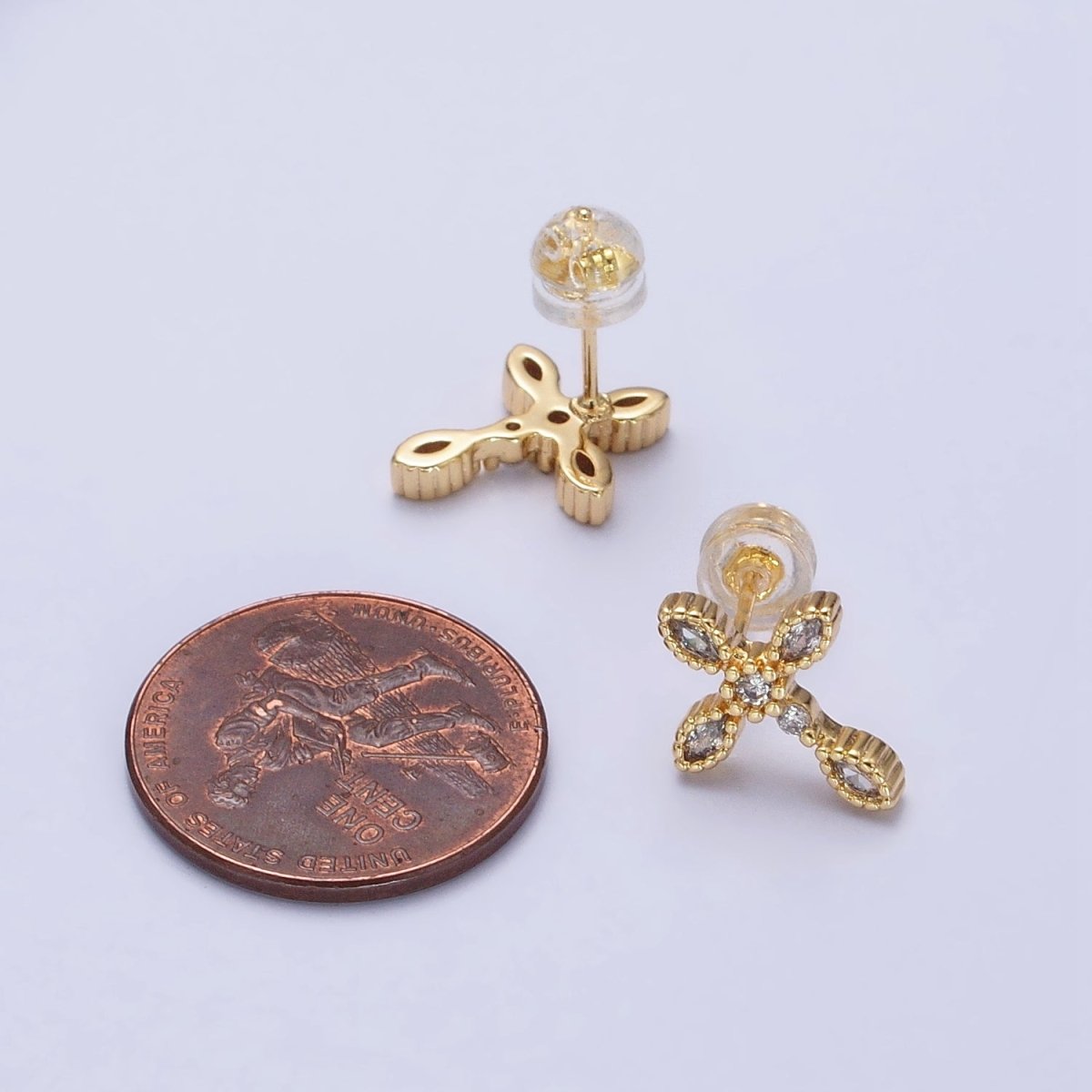 Gold Filled Marquise CZ Religious Cross Stud Earrings in Silver & Gold | AB378 AB559