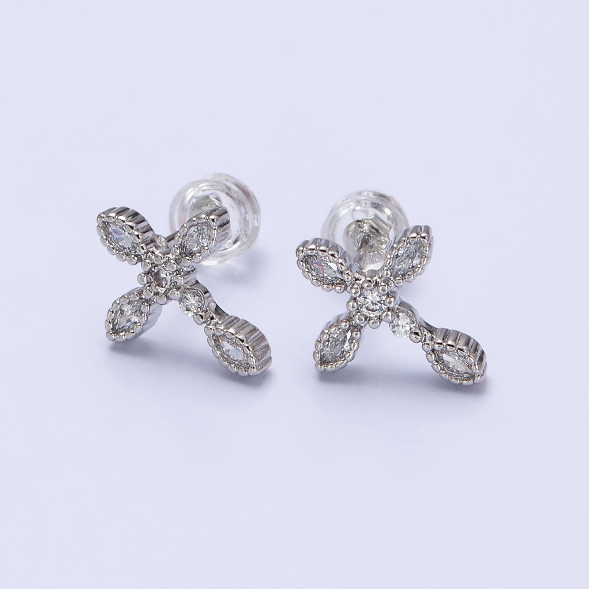 Gold Filled Marquise CZ Religious Cross Stud Earrings in Silver & Gold | AB378 AB559