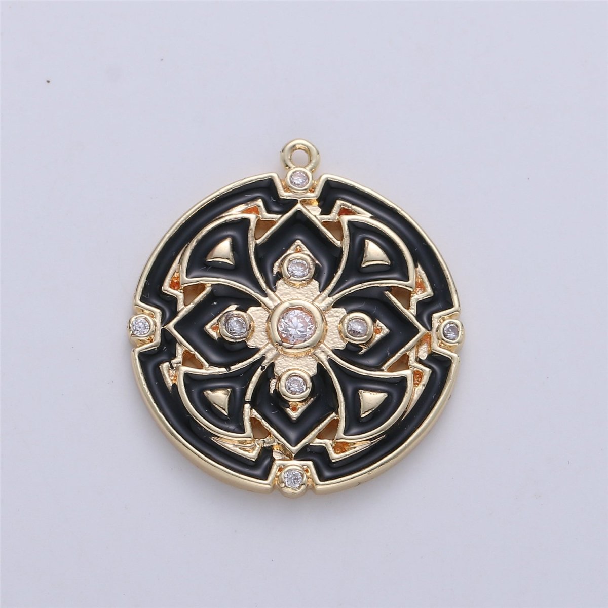 Gold Filled Micro Pave Black White Enamel Round Disc Charms Medallion Pendant, Enamel Pendant, Round Enamel C-620