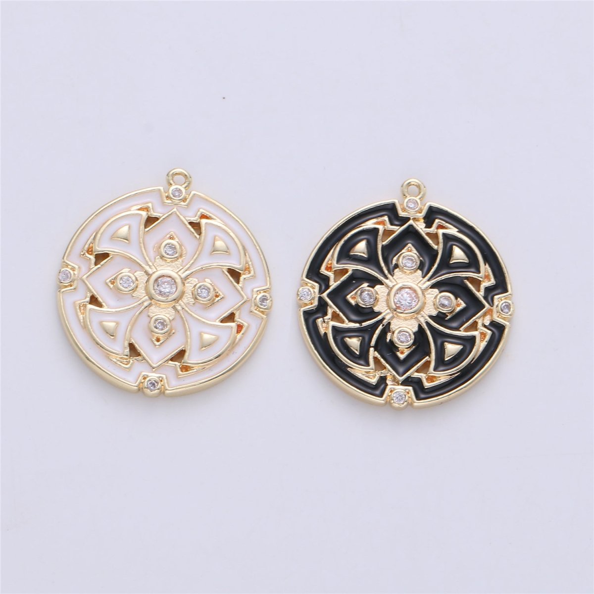 Gold Filled Micro Pave Black White Enamel Round Disc Charms Medallion Pendant, Enamel Pendant, Round Enamel C-620