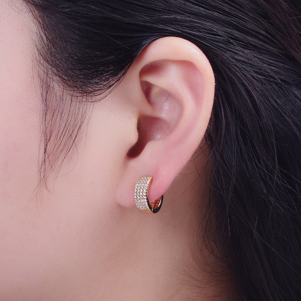 Gold Filled Micro Pave Cubic Zirconia14mm Thick Huggie Hoop Earrings T-030 - DLUXCA