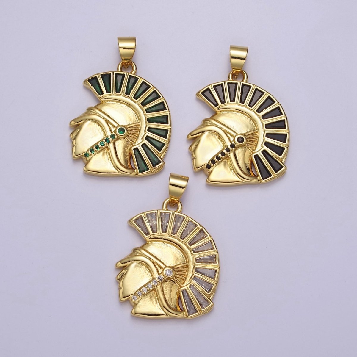 Gold Filled Micro Paved CZ Trojan Knight Green Black Clear Baguette Greek Corinthian Helmet Pendant J-772 J-764 J-766