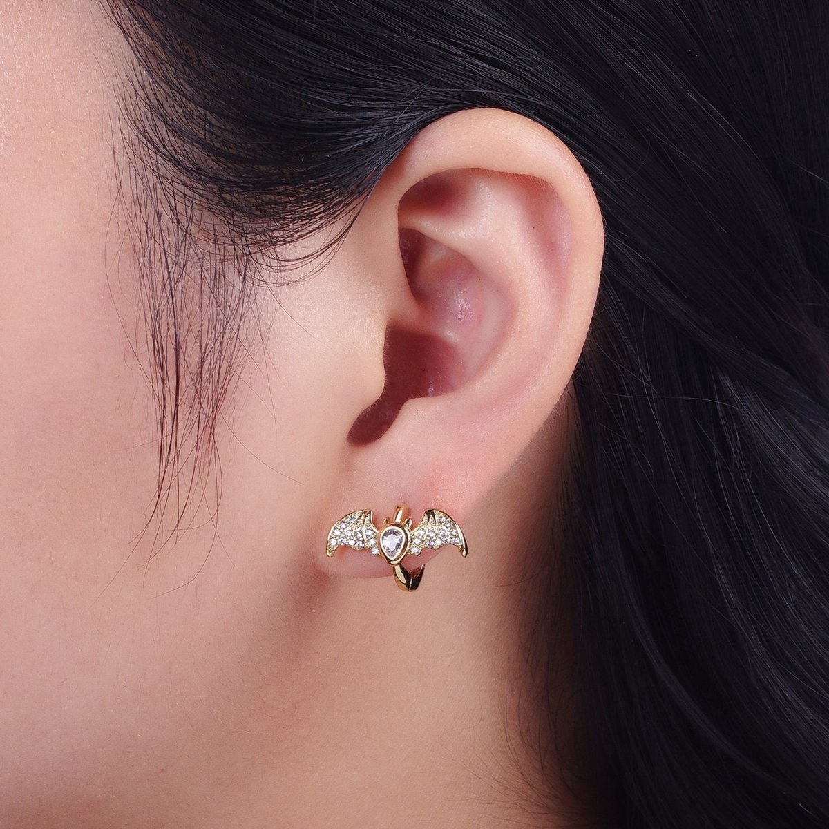 Gold Filled Micro Paved Horn Flying Bats Gold Stud Halloween Earrings | Y-058 - DLUXCA