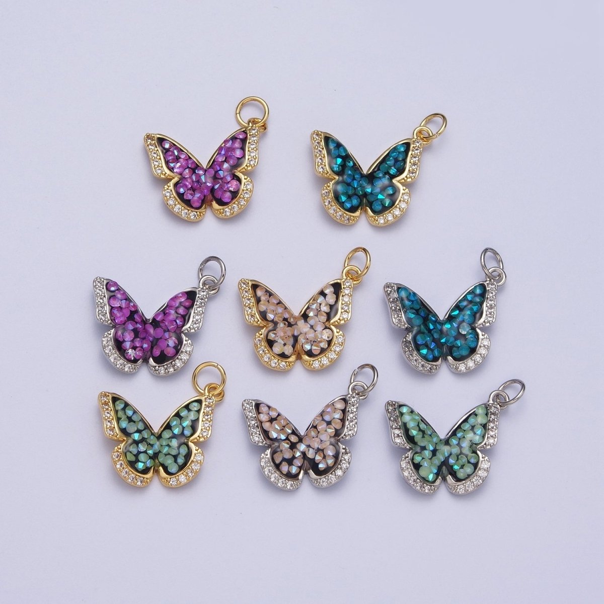 Gold Filled Micro Paved Monarch Butterfly AB CZ Stone Charm in Gold & Silver | W-777~W780