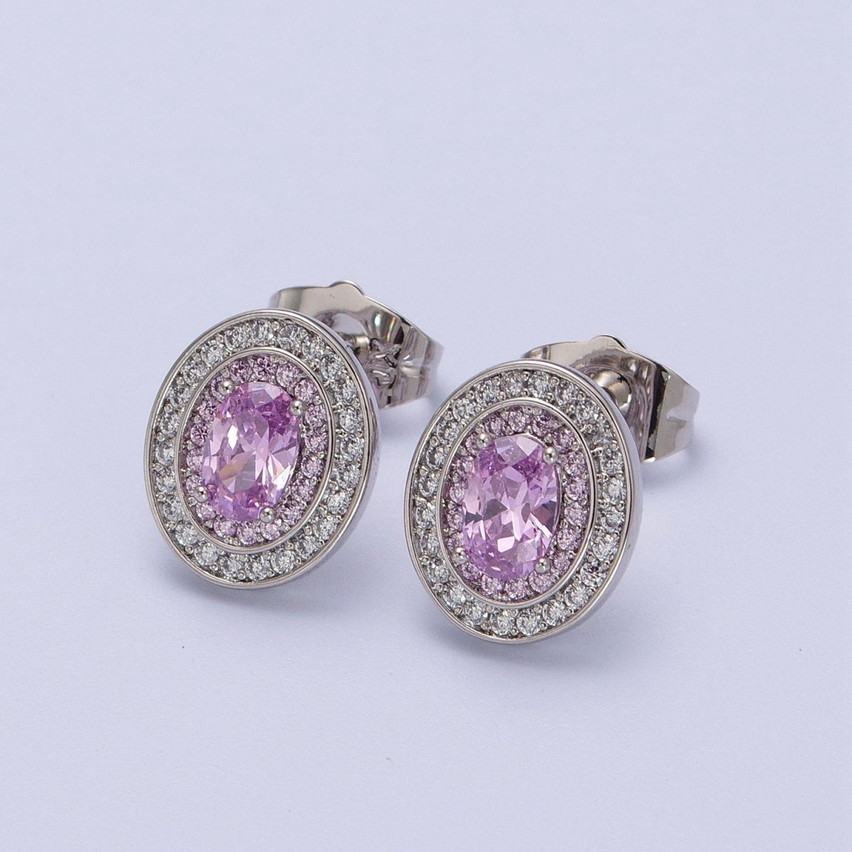 Gold Filled Micro Paved Purple, Clear, Yellow Oval CZ Stud Earrings | AD-295 AD-296 AD-297