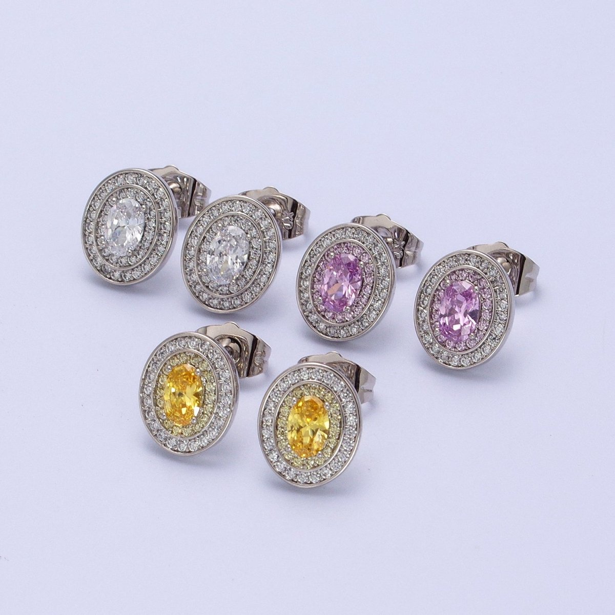 Gold Filled Micro Paved Purple, Clear, Yellow Oval CZ Stud Earrings | AD-295 AD-296 AD-297