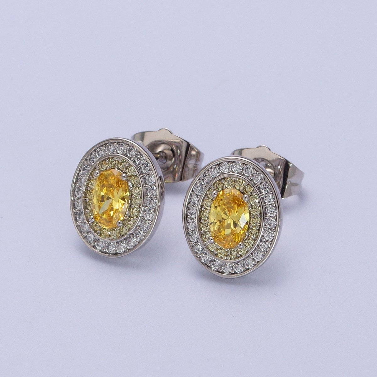 Gold Filled Micro Paved Purple, Clear, Yellow Oval CZ Stud Earrings | AD-295 AD-296 AD-297