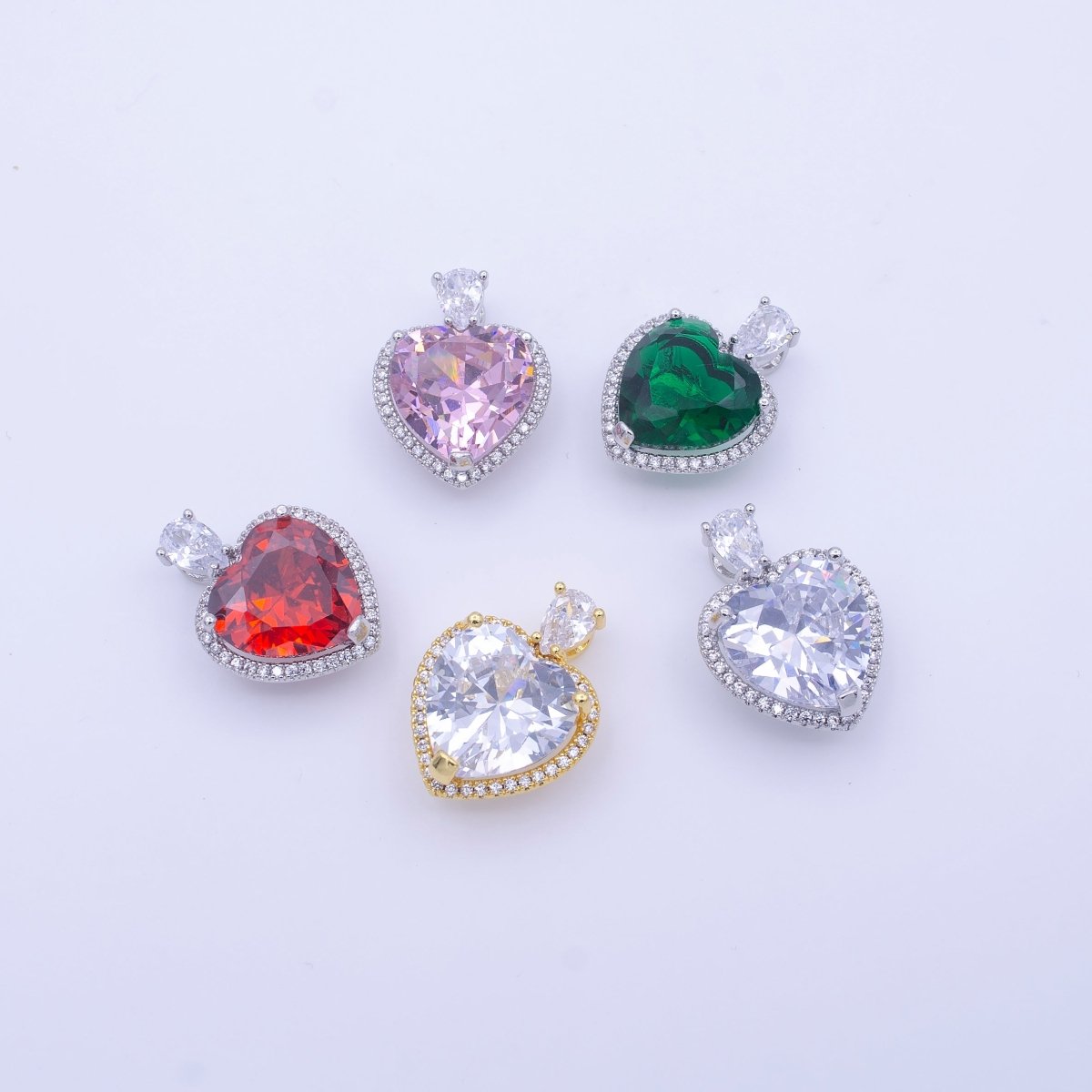 Gold Filled Micro Paved Red Green Pink Clear CZ Heart Teardrop Pendant in Gold & Silver H-197 H-198 H-204 H-229 H-231 J-102 - J-104