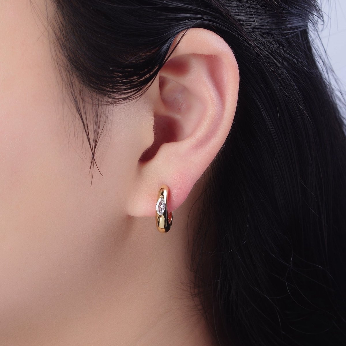 Gold Filled Mini Silver, Gold Round Hoop with Clear Marquise Eye CZ Stone For Minimalist Jewelry | T-405 V-128