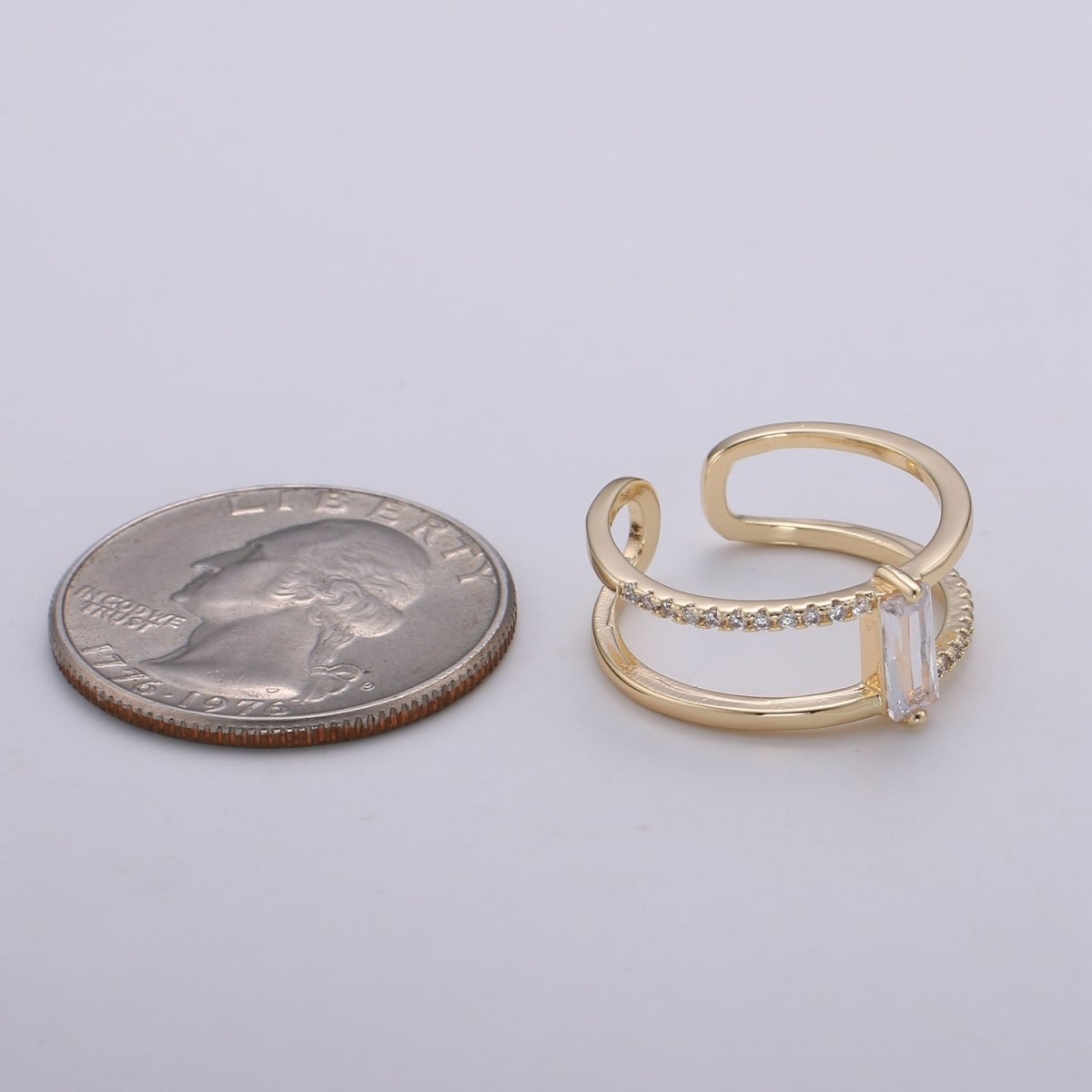 Gold Filled Minimalist Double Band Baguette Micro Paved Cubic Zirconia Dainty Gold Stacking Ring | O-015 O-016