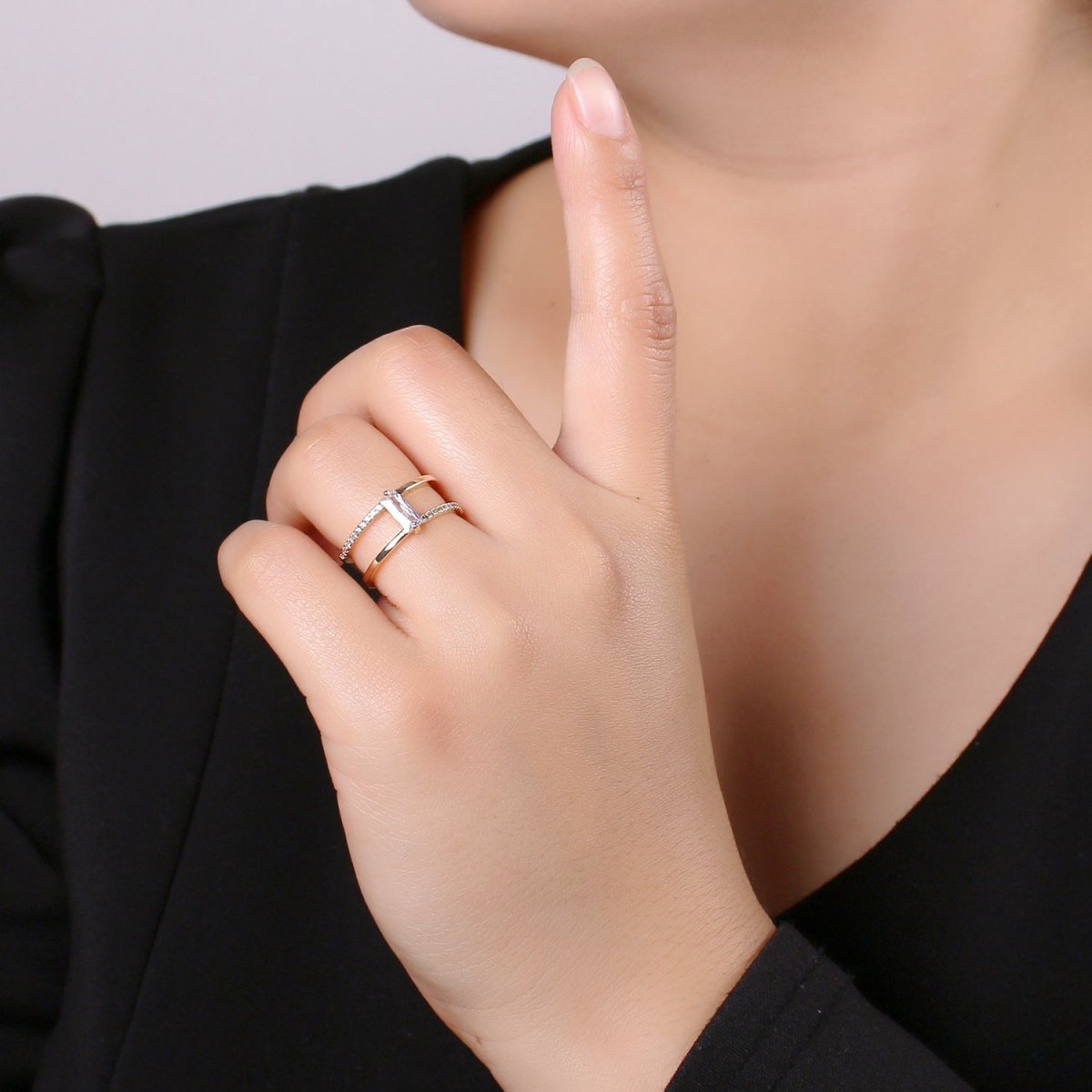 Gold Filled Minimalist Double Band Baguette Micro Paved Cubic Zirconia Dainty Gold Stacking Ring | O-015 O-016