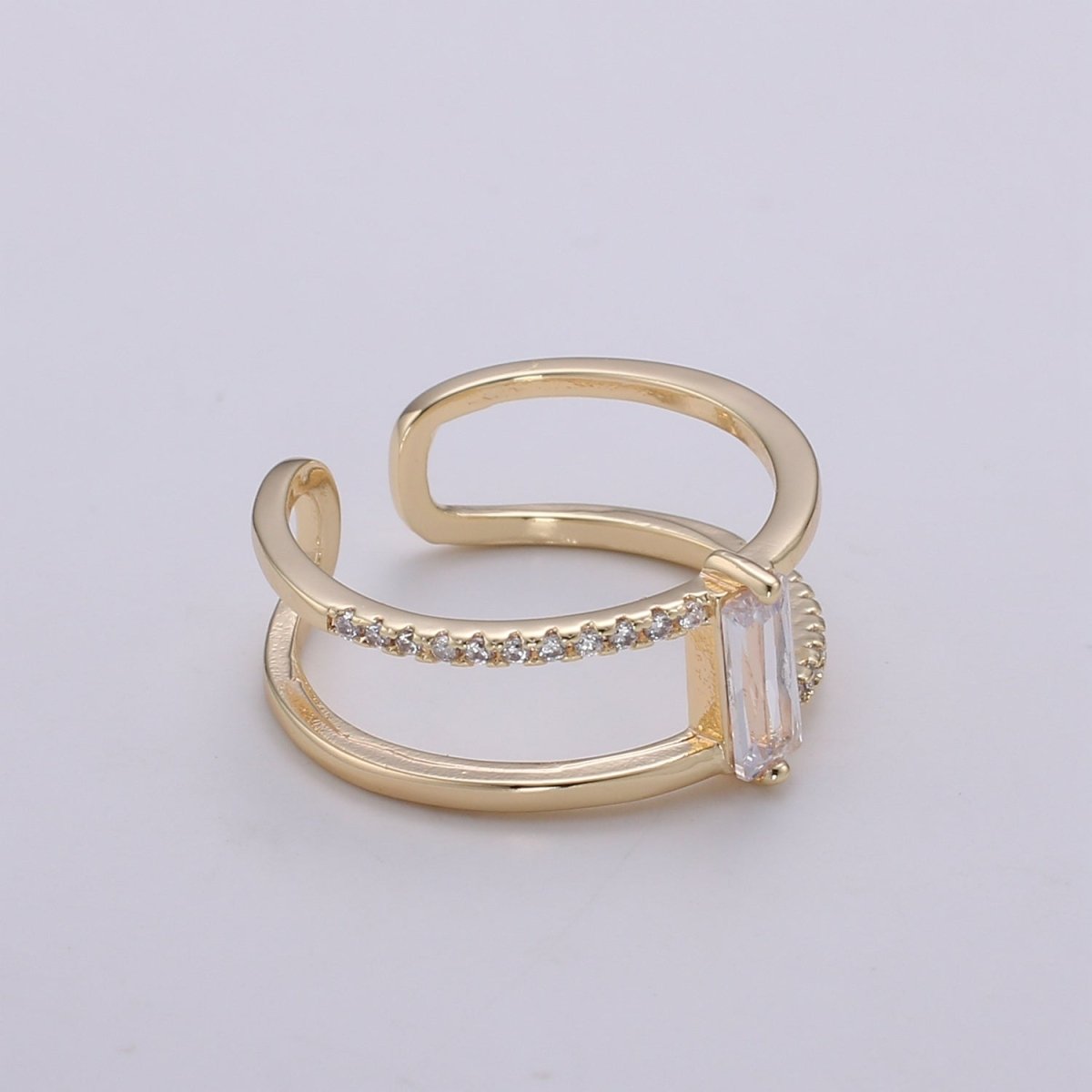 Gold Filled Minimalist Double Band Baguette Micro Paved Cubic Zirconia Dainty Gold Stacking Ring | O-015 O-016