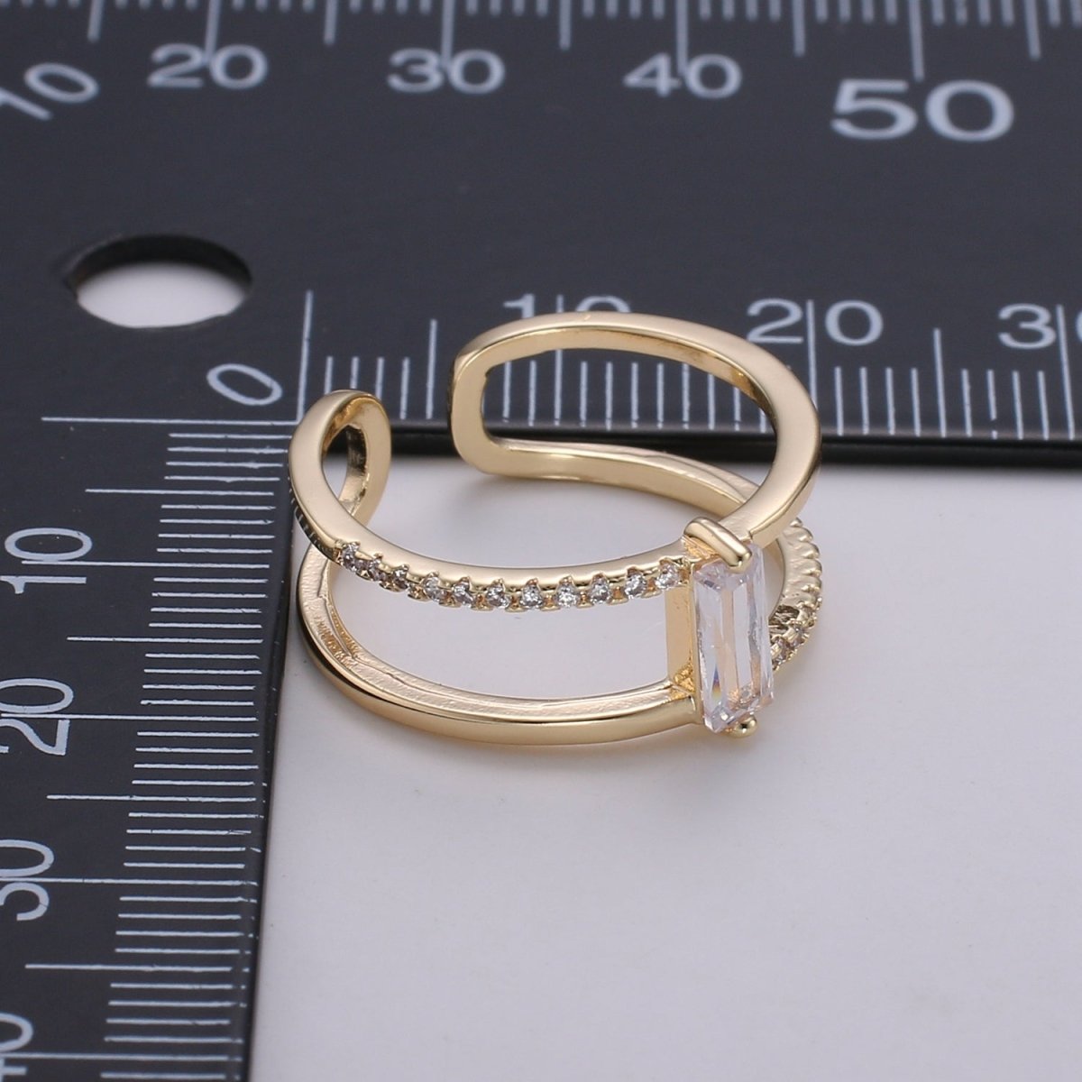 Gold Filled Minimalist Double Band Baguette Micro Paved Cubic Zirconia Dainty Gold Stacking Ring | O-015 O-016