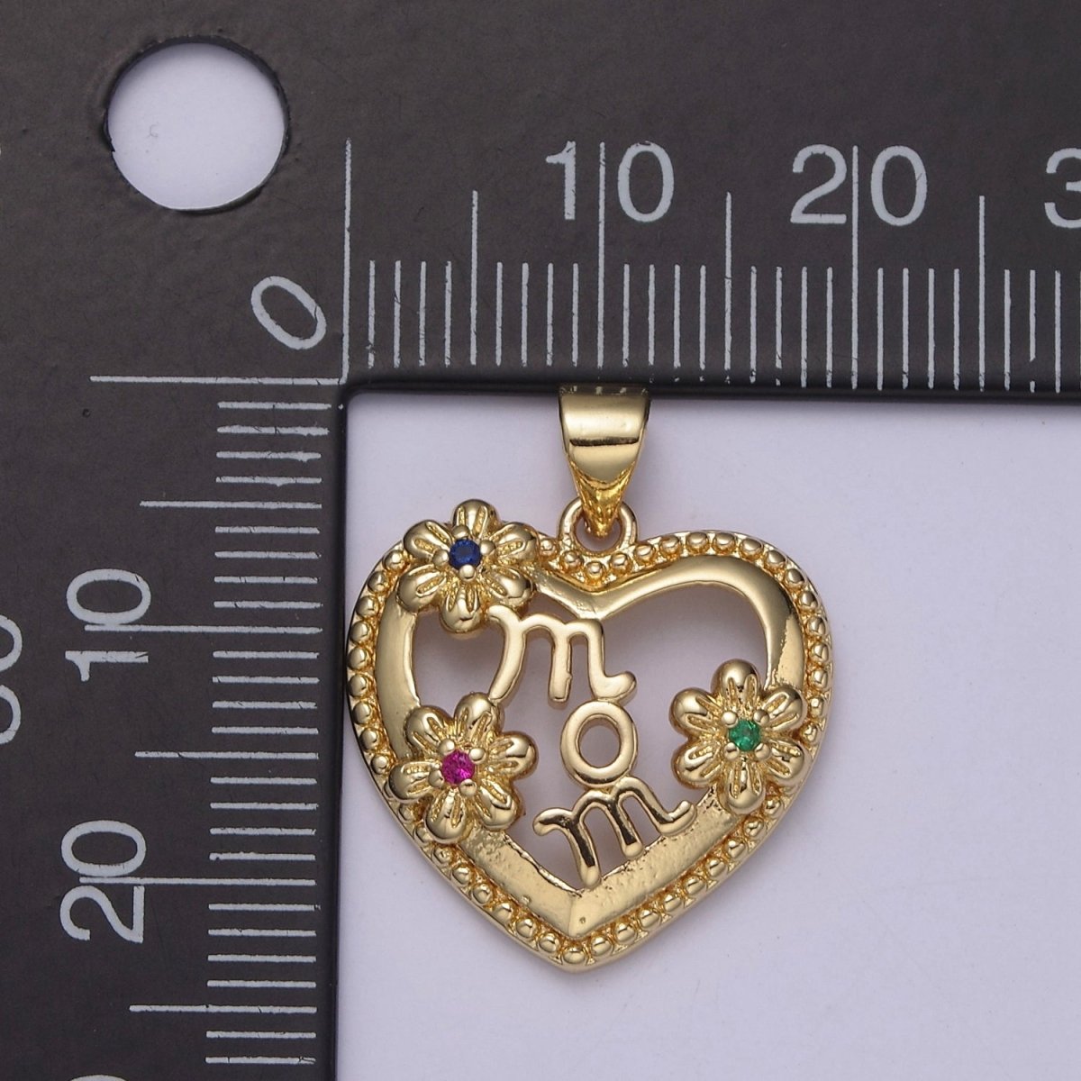 Gold Filled Mom charm, Gold Heart pendant Flower Floral Mother Day Gift Minimalist Jewelry J-381