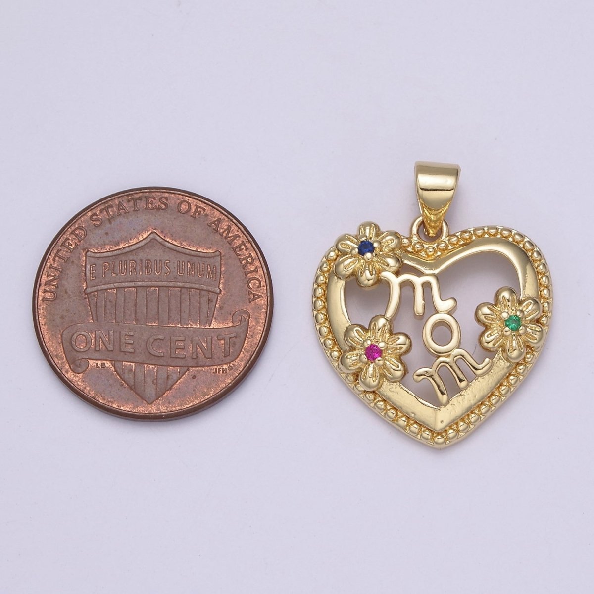 Gold Filled Mom charm, Gold Heart pendant Flower Floral Mother Day Gift Minimalist Jewelry J-381