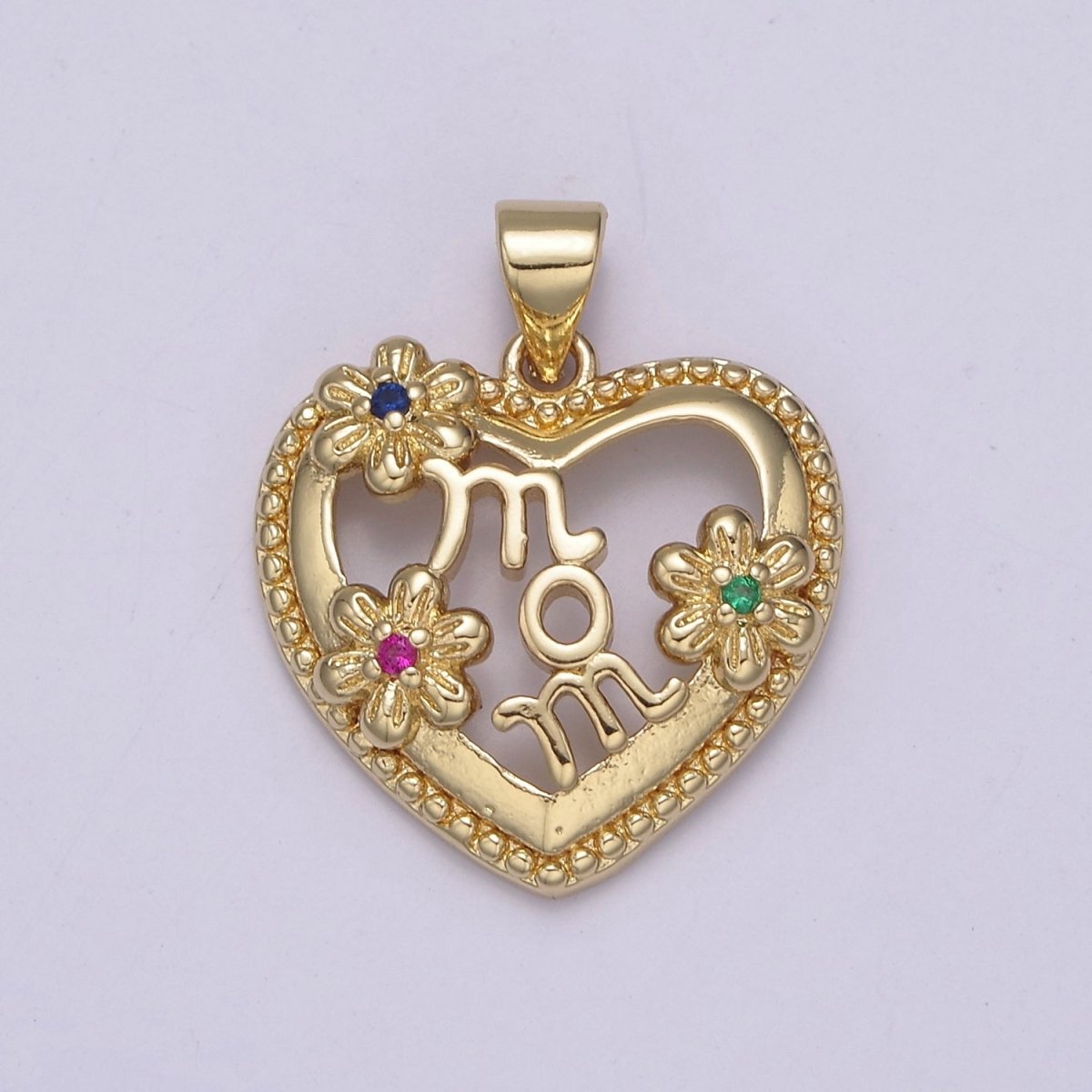 Gold Filled Mom charm, Gold Heart pendant Flower Floral Mother Day Gift Minimalist Jewelry J-381