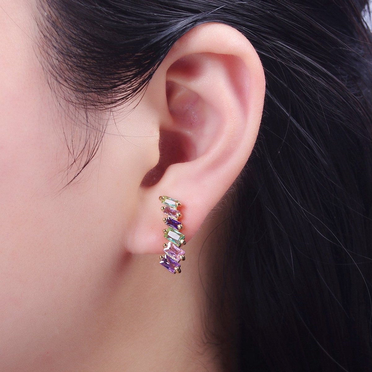 Gold Filled Multicolor Baguette Cubic Zirconia CZ Stud Earrings T-025 - DLUXCA