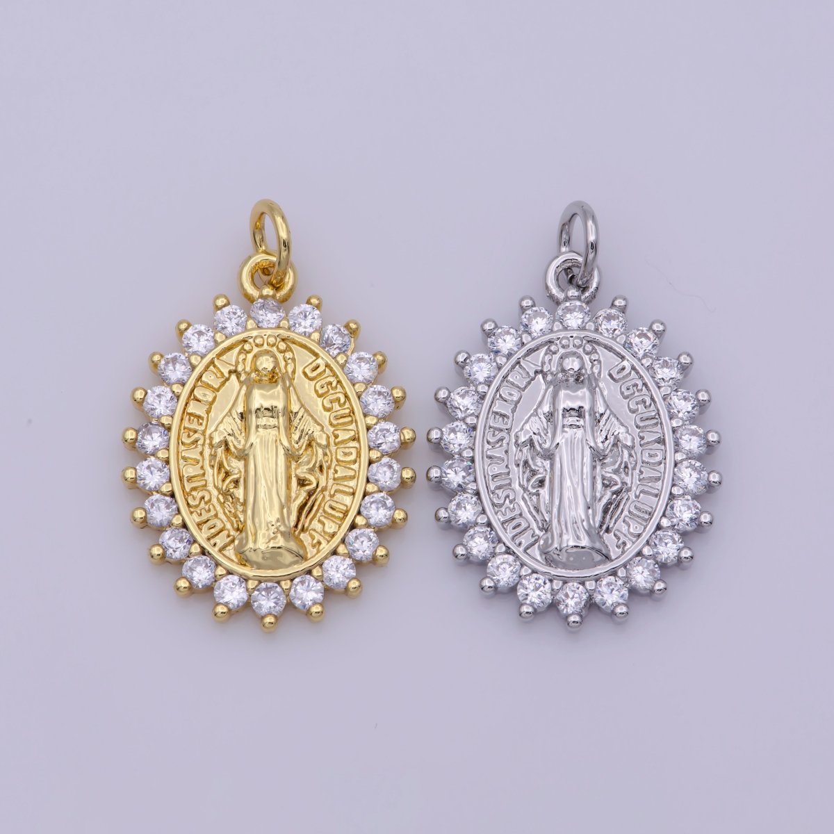 Gold Filled "Nuestra Senora Guadalupe" Miraculous Lady Oval CZ Charm in Gold & Silver | M-486 N-188