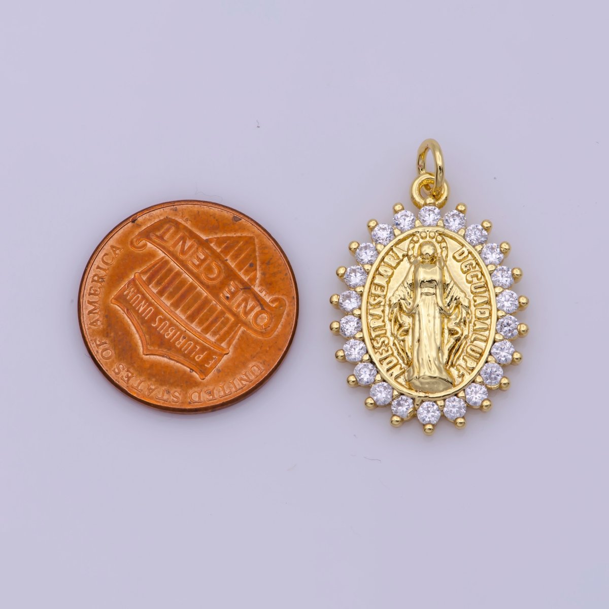 Gold Filled "Nuestra Senora Guadalupe" Miraculous Lady Oval CZ Charm in Gold & Silver | M-486 N-188