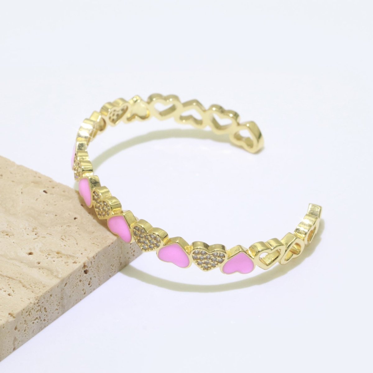 Gold Filled Open Cuff Cubic Zirconia Enamel Heart Bangle Bracelet | WA-154 to WA-162 Clearance Pricing