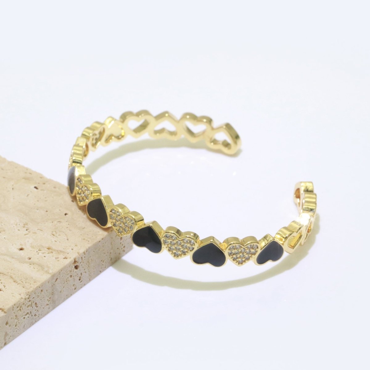 Gold Filled Open Cuff Cubic Zirconia Enamel Heart Bangle Bracelet | WA-154 to WA-162 Clearance Pricing