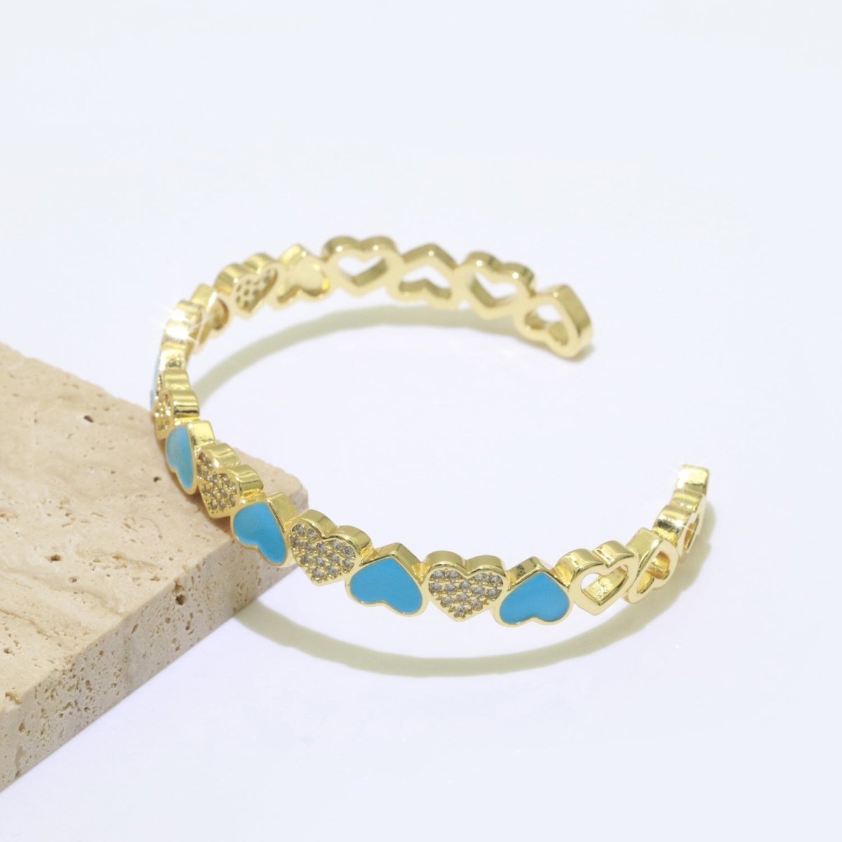 Gold Filled Open Cuff Cubic Zirconia Enamel Heart Bangle Bracelet | WA-154 to WA-162 Clearance Pricing