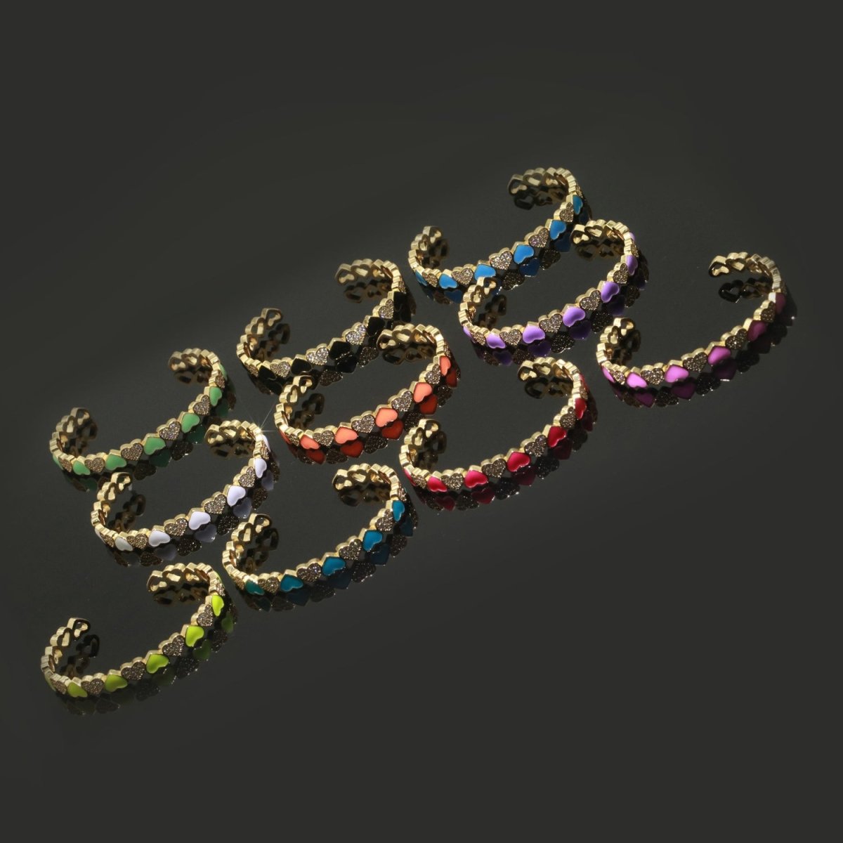 Gold Filled Open Cuff Cubic Zirconia Enamel Heart Bangle Bracelet | WA-154 to WA-162 Clearance Pricing