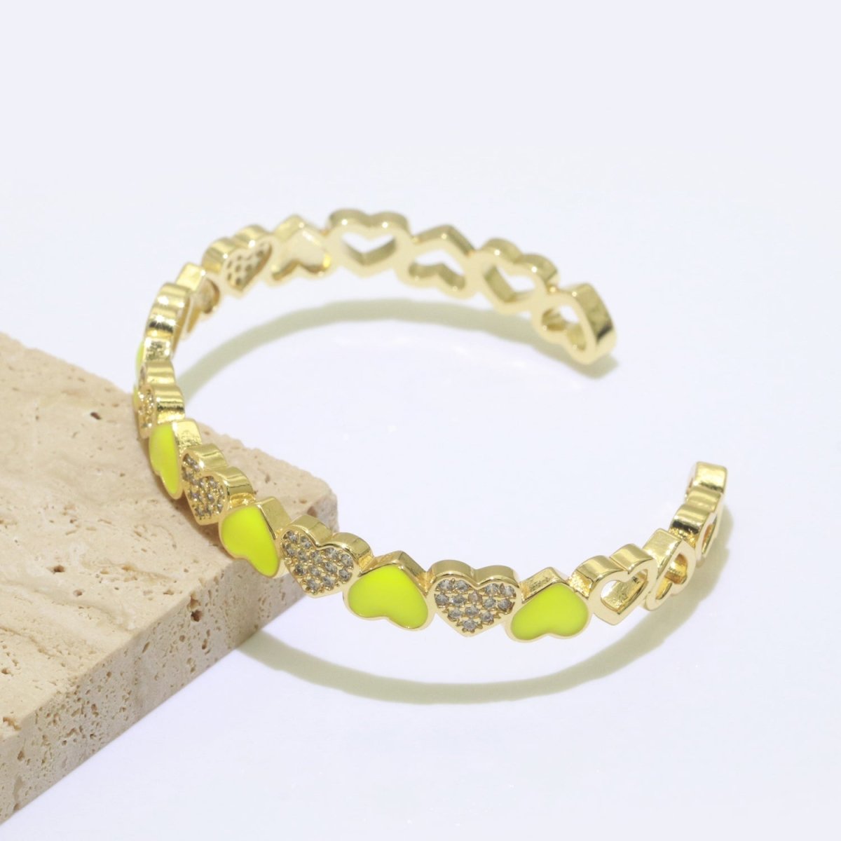 Gold Filled Open Cuff Cubic Zirconia Enamel Heart Bangle Bracelet | WA-154 to WA-162 Clearance Pricing
