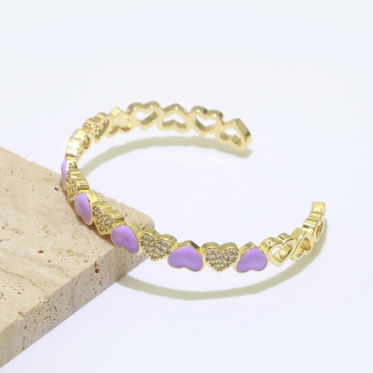 Gold Filled Open Cuff Cubic Zirconia Enamel Heart Bangle Bracelet | WA-154 to WA-162 Clearance Pricing