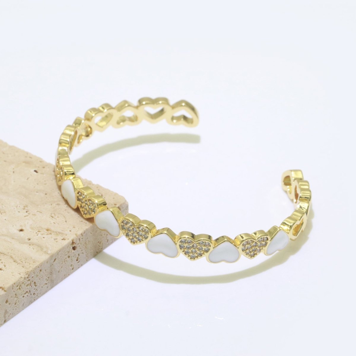 Gold Filled Open Cuff Cubic Zirconia Enamel Heart Bangle Bracelet | WA-154 to WA-162 Clearance Pricing